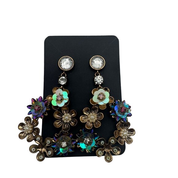 Multicolor Floral Dangle Earrings With Crystals Iridescent Accents Statement - Picture 1 of 3